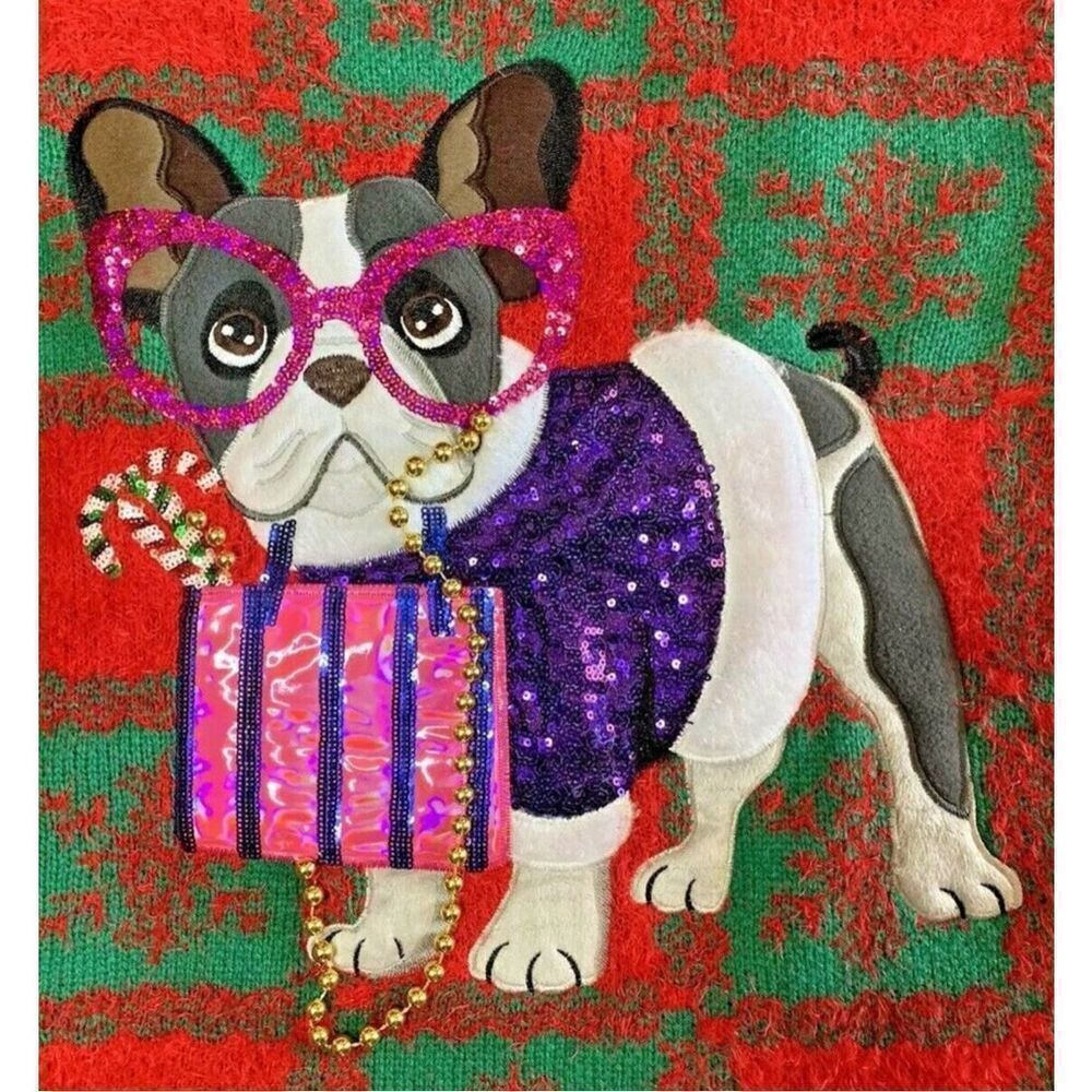 New Womans French Bulldog Frenchmen Ugly Christmas Sweater Sequins Snowflakes 2X